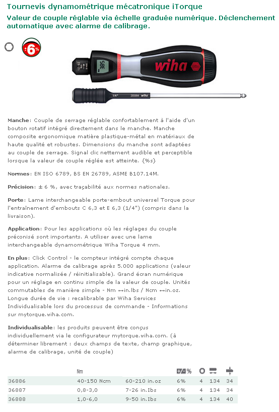 TOURNEVIS DYNAMOMETRIQUE MECATRONIQUE WIHA ITORQUE 1.0-6.0 Nm 36888