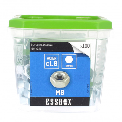 ESSBOX de 100 Écrous Hu M8 Acier 8.8 Zingué ISO 4032 (4 Plots)